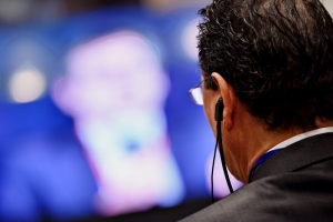 Man using translation headphones